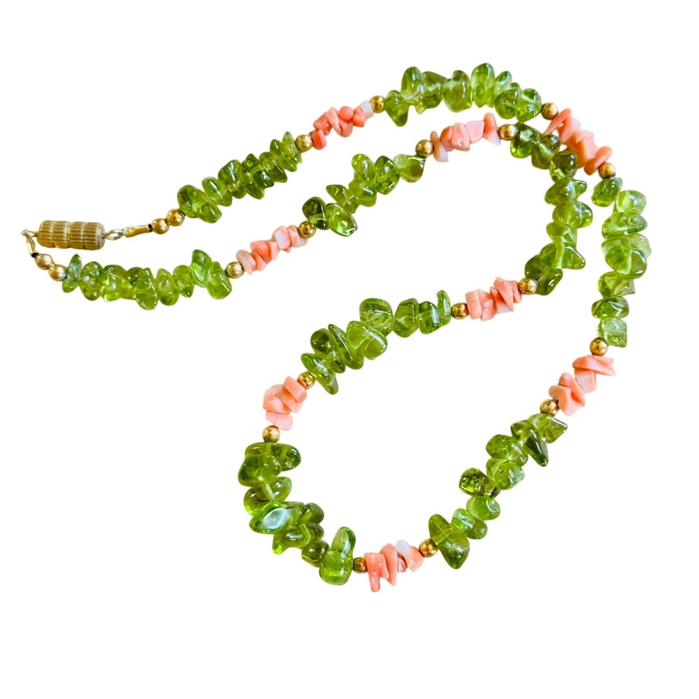 VTG Green Peridot Pink Coral Natural Necklace Angelskin Chip Beaded Genuine 16"L